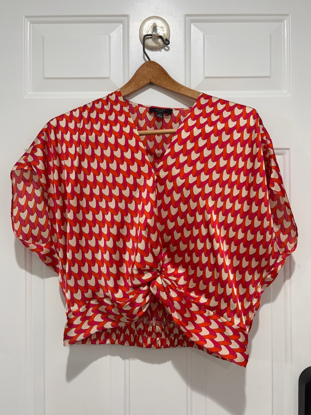 Haver London Red and Cream Twist-Front Printed Crop Top, medium